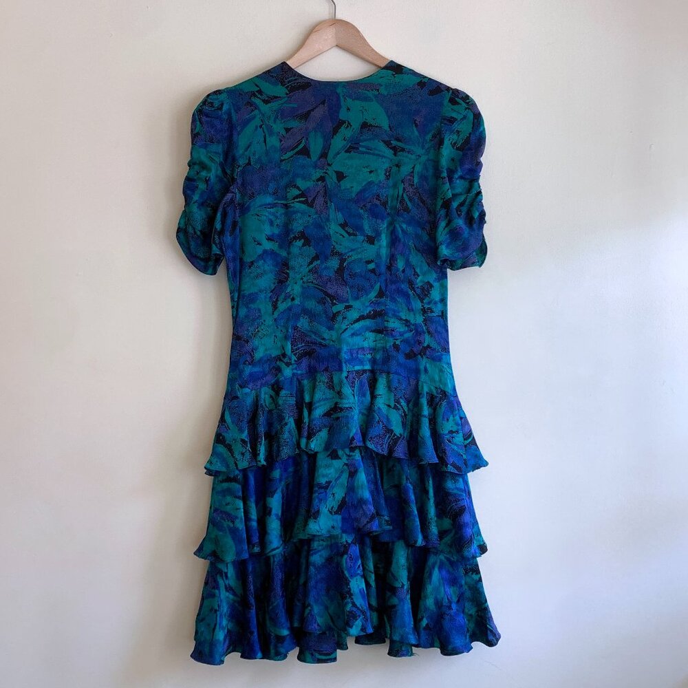 VTG 80s 100% Silk Green/Purple Floral Tiered Dress Size 8/10